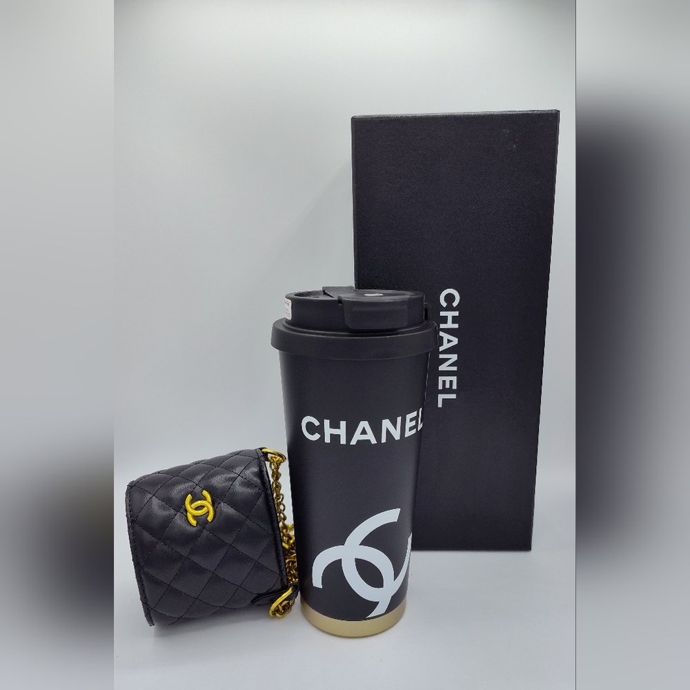 CHANEL GWP Black Gold Travel Mug Quilted Vegan Leather Holder NIB Gift Set